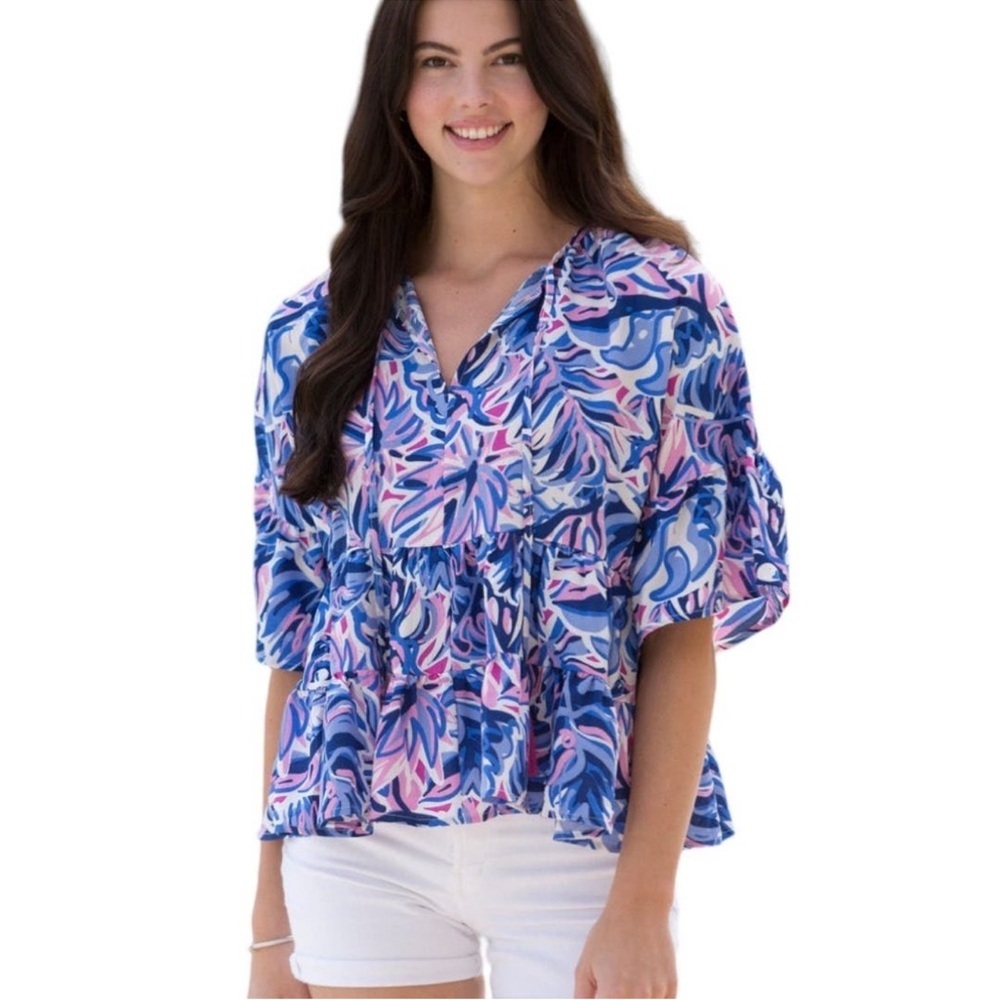 Simply Southern Gather Tasseled Blouse Pink Blue Leaf Print